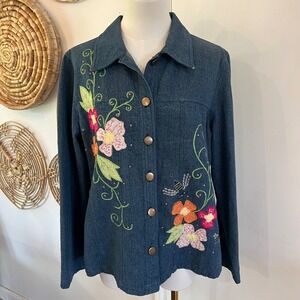 Vintage Tapestry Patch Embroidered Denim Jacket Floral Bee Cotton Teachercore  M